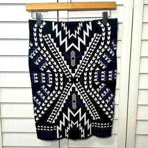H&M Divided Aztec Print Pull On Stretch Pencil Skirt Size S Black, White & Blue
